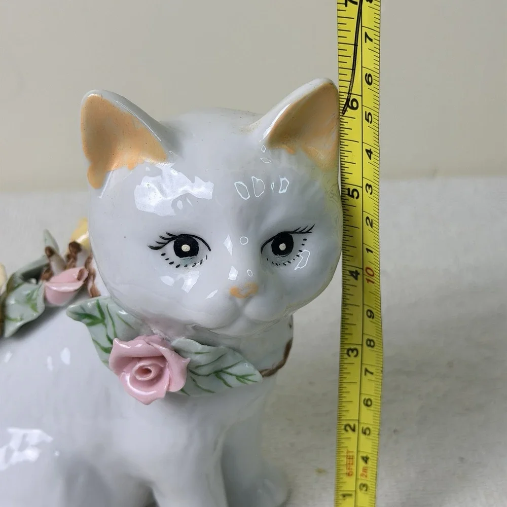 Vintage White Ceramic Cat sitting Pink Yellow Raised Flowers 6